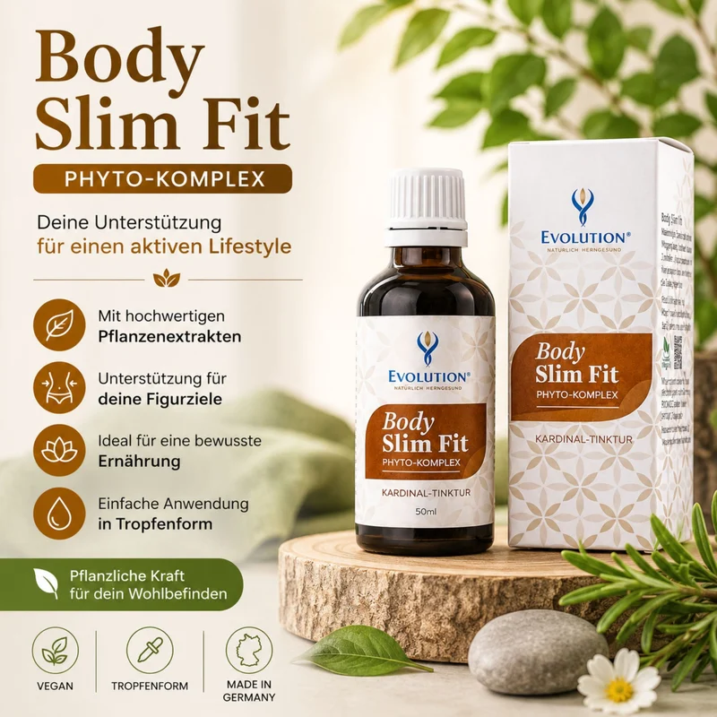 Body Slim Fit kapi – biljna tinktura Kardinal, 50 ml kao infografika s istaknutim točkama biljne snage, bočica s kapaljkom i kutija za pakiranje