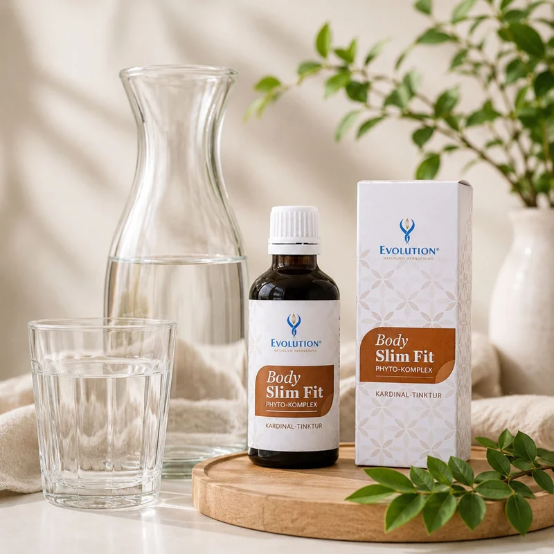 Body Slim Fit kapljice - Kardinal biljna tinktura, 50ml – boca od smeđeg stakla sa sklopivom kutijom na drvenom pladnju, složena uz čašu vode