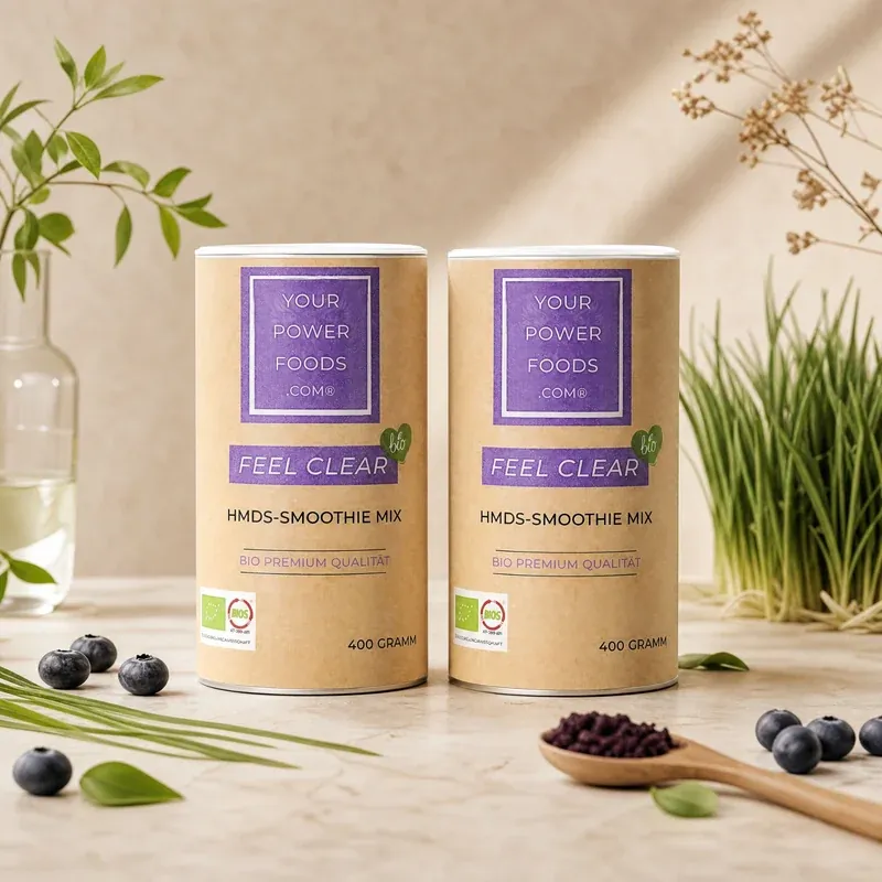 Feel Clear, HMDS – Powerfood Mix, 2 x 400g – Set: dvije kutije od kraft papira prikazane sprijeda u prirodnom okruženju s borovnicama i travama