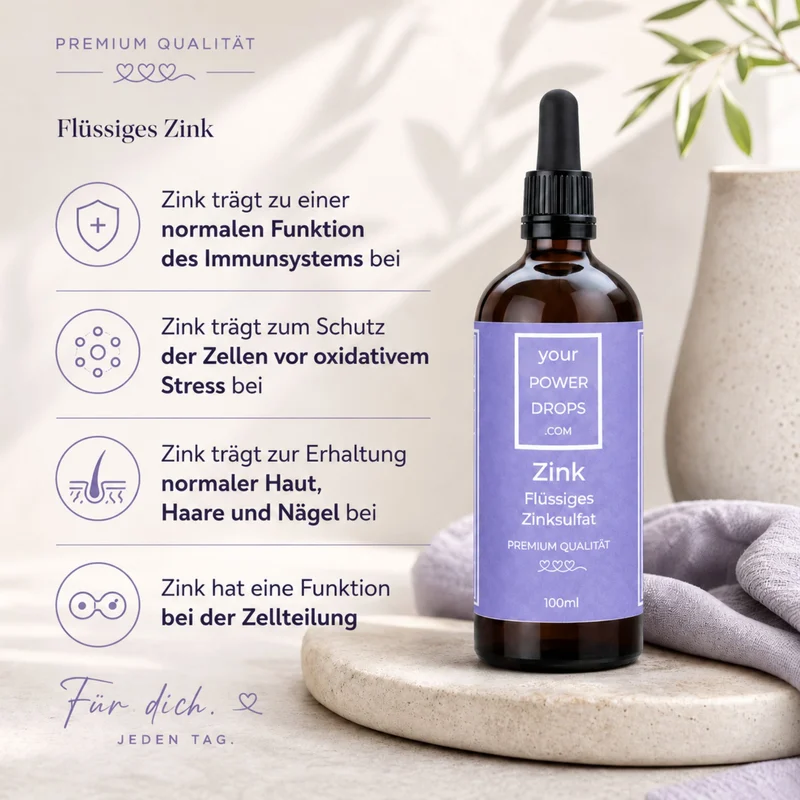 Flüssiges Zink Sulfat –, alkoholfrei – Premium Qualität, 100ml: Infografik mit 4 Zink-Vorteilen, Tropfflasche auf Ste