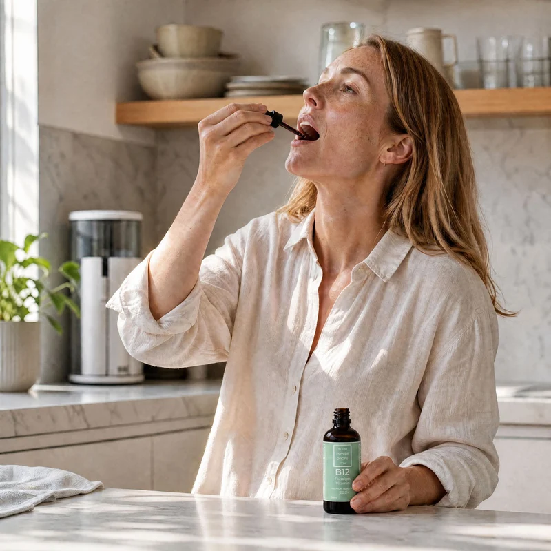 Vitamin B12 flüssig Alkoholfrei Premium Qualität 100ml – Frau in heller Küche gibt Tropfen aus brauner Fläschchen in den