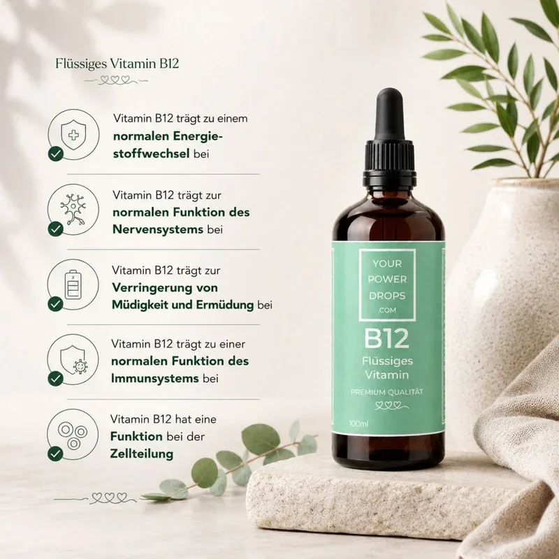 Vitamin B12, visoke doze, bez alkohola, 2 x 100ml – Infografika s 5 prednosti vitamina B12 na njemačkom jeziku, pored toga smeđa bočica s kapaljkom