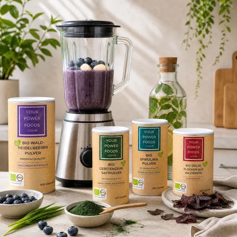 Heavy Metal Detox POWERFOOD Set HMDS: lifestyle prikaz s četiri posude organskog praška, blender s plavim smoothiejem, borovnicama i spirulinom