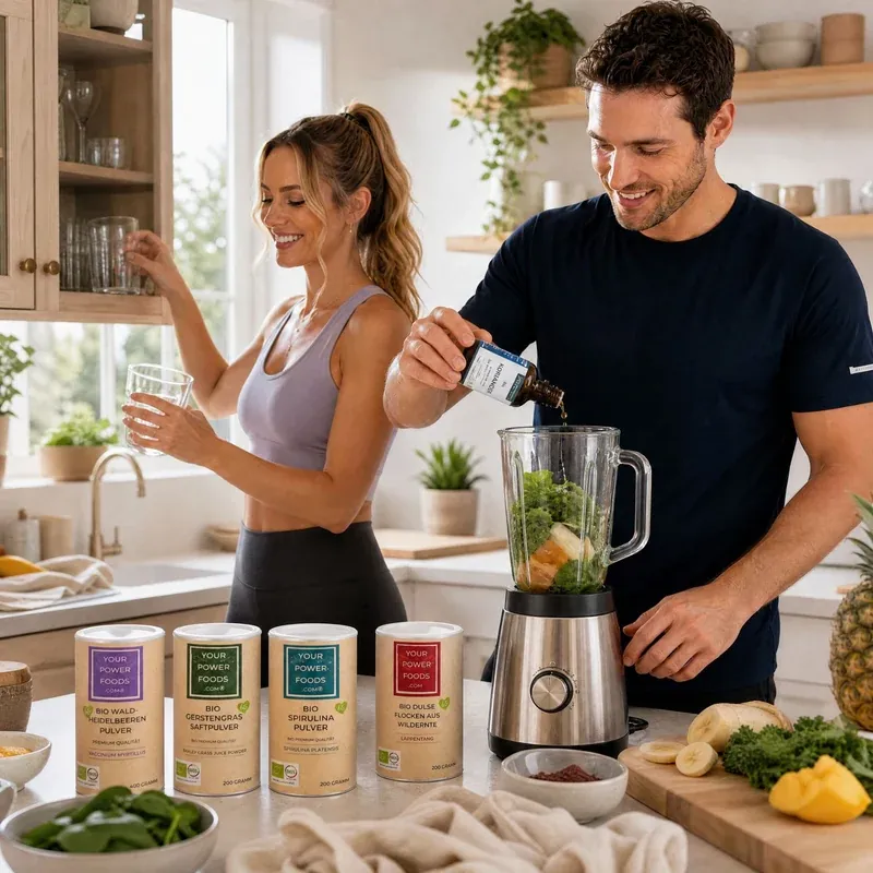Heavy Metal Detox POWERFOOD Set HMDS – Lifestyle scena: muškarac dodaje kapi u blender, žena drži čašu, četiri organske posude s prahom u obliku slova V