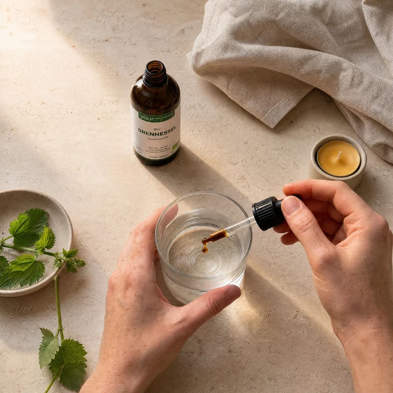 Organski čaj od malog kopriva – bez alkohola, Nettle Leaf, 100ml: Ruke kapljaju smeđu tikturu iz pipete u čašu vode, B
