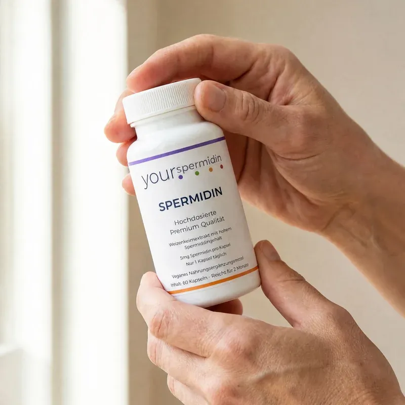 Spermidin 5 mg visokih doza – Povoljni paket 2x60 kapsula – dvije ruke drže bijelu kutiju s ljubičasto-narančastom etiketom, natpis „