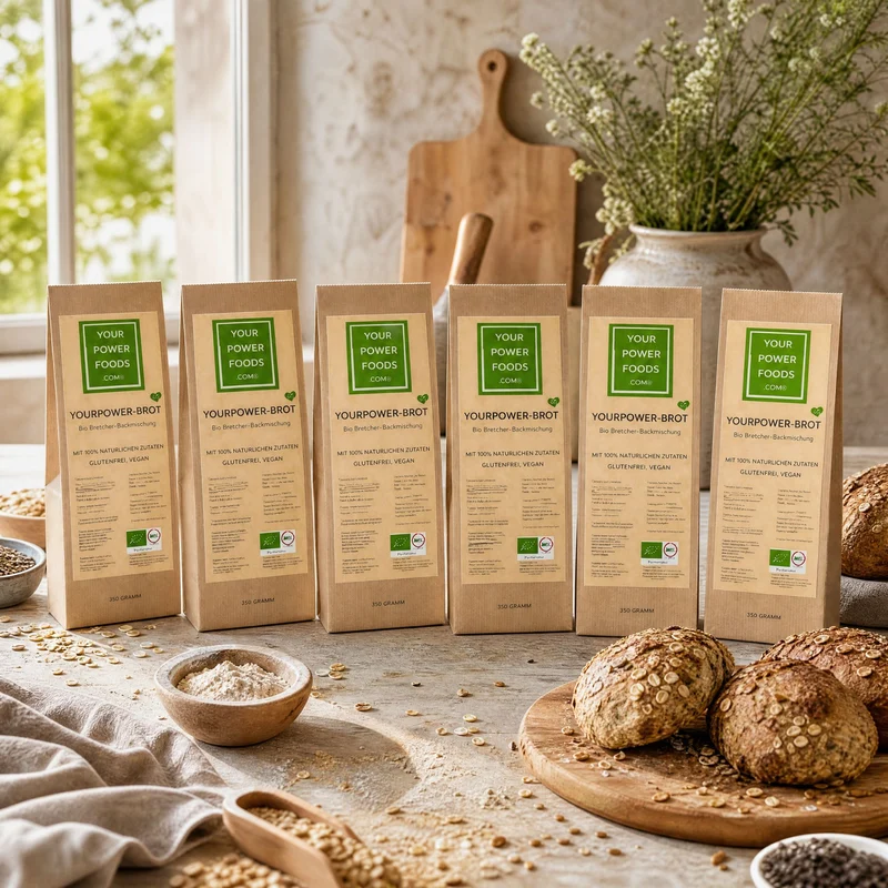Organska mješavina za pečenje kruha, bez pšenice, veganska, set od 6 x 350 g – šest pakiranja jedno pored drugoga s svježim pecivima