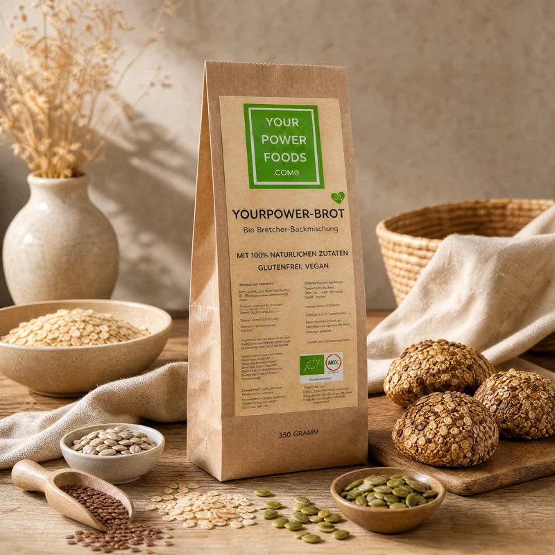 Organski kruh – mješavina za pečenje bez pšenice, veganska, povoljni set 6 x 350 g – papirnata vrećica prikazana s prednje strane sa sastojcima, pecivima i sjemenkama