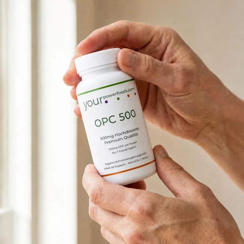 OPC Visoke doze 500mg, ekstrakt sjemenki grožđa, 2+1 besplatno – dvije ruke drže bijelu bočicu s vidljivom naljepnicom „OPC 500"