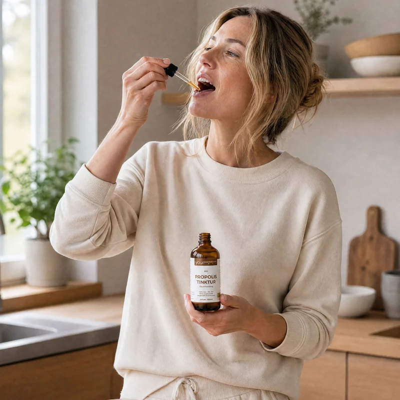 Propolis Tinktur, alkoholfrei, 100 ml – Frau tropft Tinktur aus Pipettenflasche in den Mund, helle Küchenumgebung