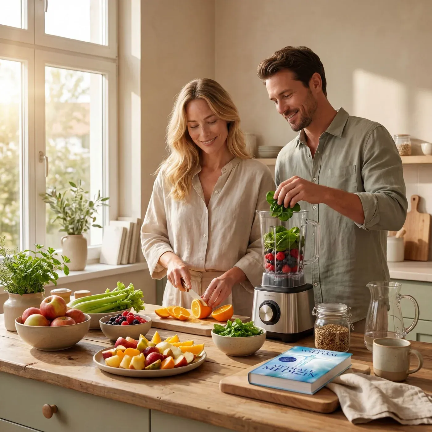 Mediale Medizin von Anthony William – Lifestyle-Szene mit Paar beim Zubereiten von Smoothies und frischem Obst in heller Küch