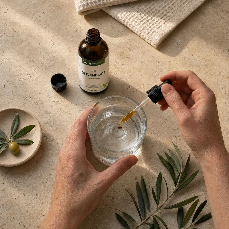 Bio Olivenblatt Tinktur, alkoholfrei, 100 ml – Tropfer gibt goldene Tinktur in Wasserglas, Olivenzweige daneben