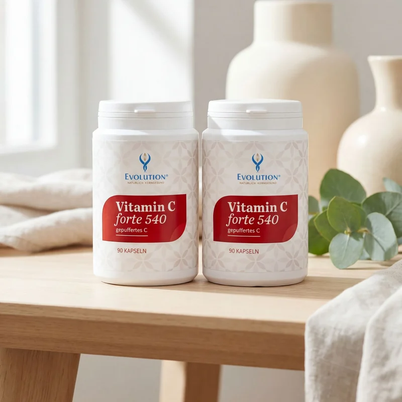 Vitamin C forte 540, puferirani C, povoljni set, 2 x 90 kapsula – dvije bijele kutije jedna do druge na drvenom stolu u svijetloj dnevnoj sobi