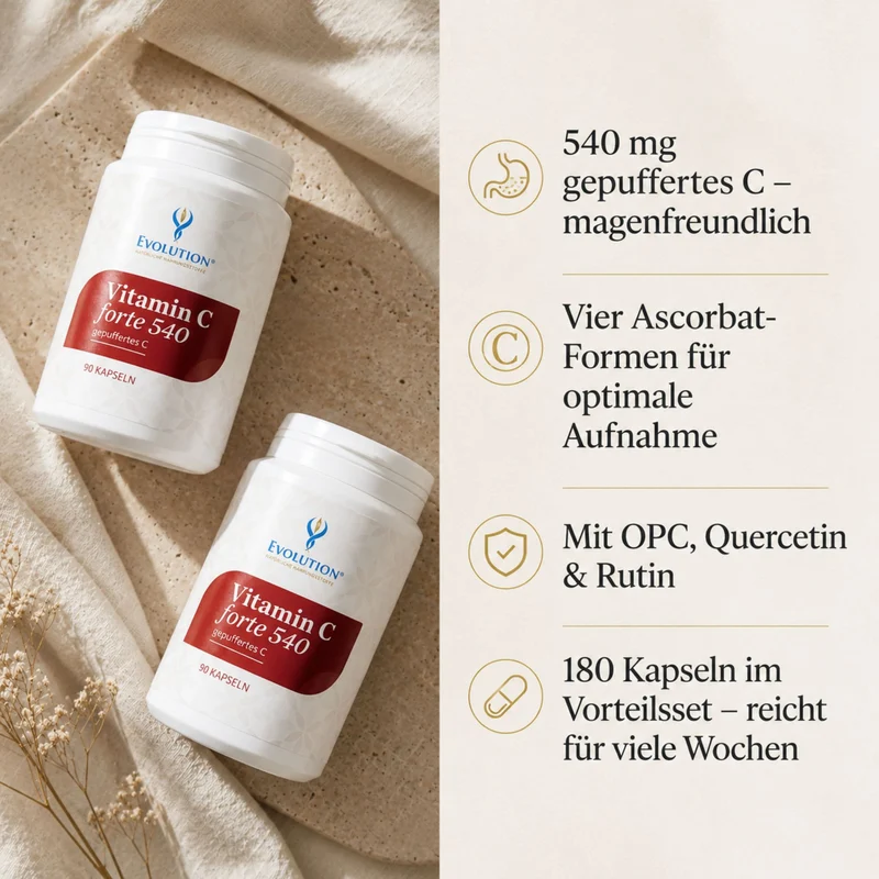 Vitamin C forte 540 puferiran C povoljni set: dvije bijele kutije na prirodnom kamenu s četiri glavna istaknuta obilježja proizvoda kao inf