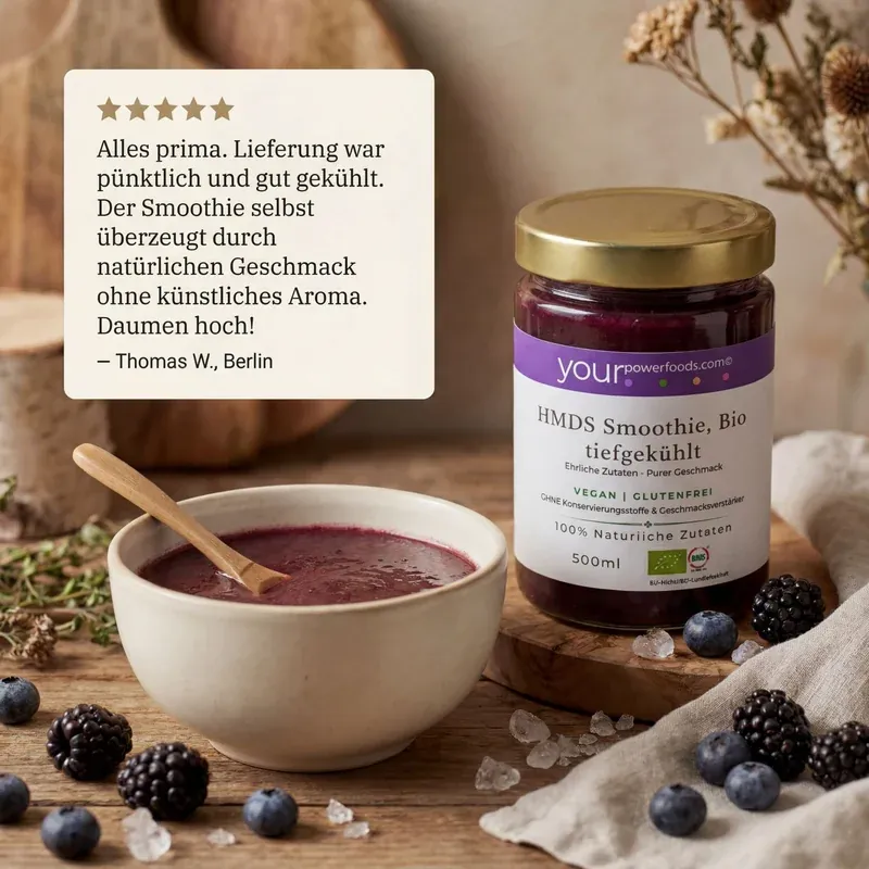 HMDS - Smoothie sa svim sastojcima, gotov proizvod, zamrznut, set od 12 x 500 ml – životni stil scena sa staklenom posudom, Smo