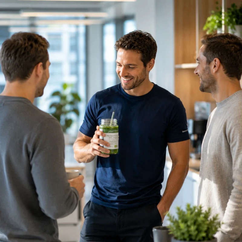 Bio Stauden Selleriesaft, tiefgekühlt, vegan, glutenfrei, Vorteilsset 12 x 500 ml – drei Männer unterhalten sich läc