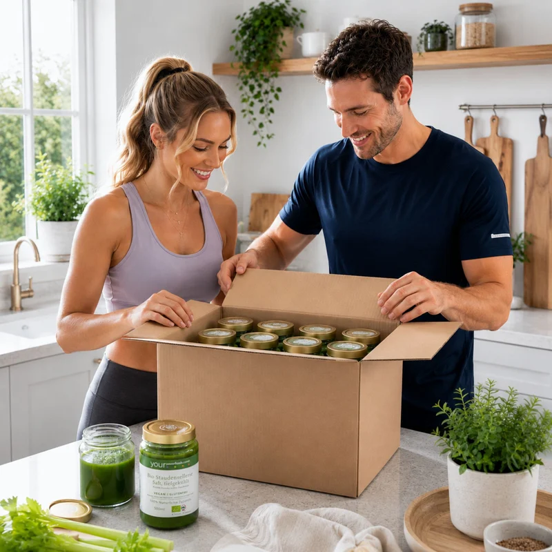 Bio Stauden Selleriesaft tiefgekühlt Vorteilsset 12x500ml – Paar öffnet Versandkarton mit 12 Gläsern in heller Küche