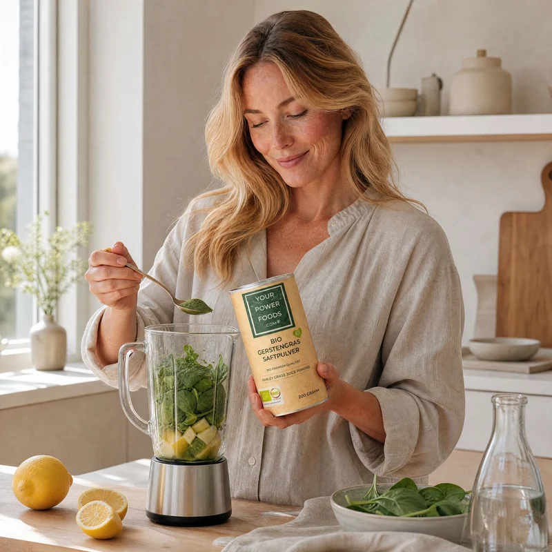 Power Foods Trio - Organski Spirulina, Dulse, Pahuljice, Ječmena Trava u Setu: Žena sipa zeleni prašak iz limenke u mikser sa špinatom