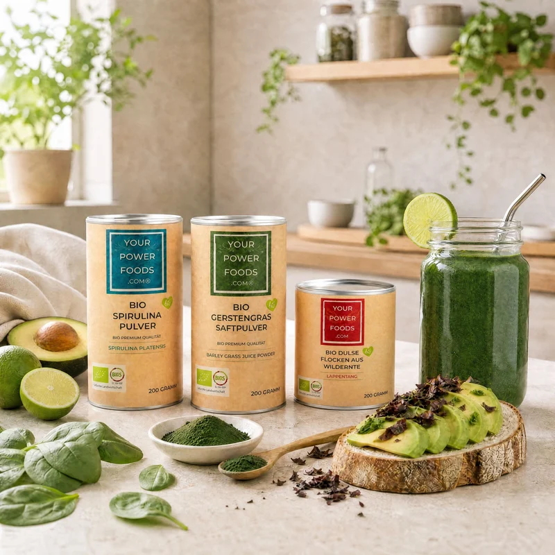 Power Foods Trio - Organska Spirulina, Dulse pahuljice, ječmena trava u setu: tri posude proizvoda s avokadom na kruhu, zelenim smoothiejem i