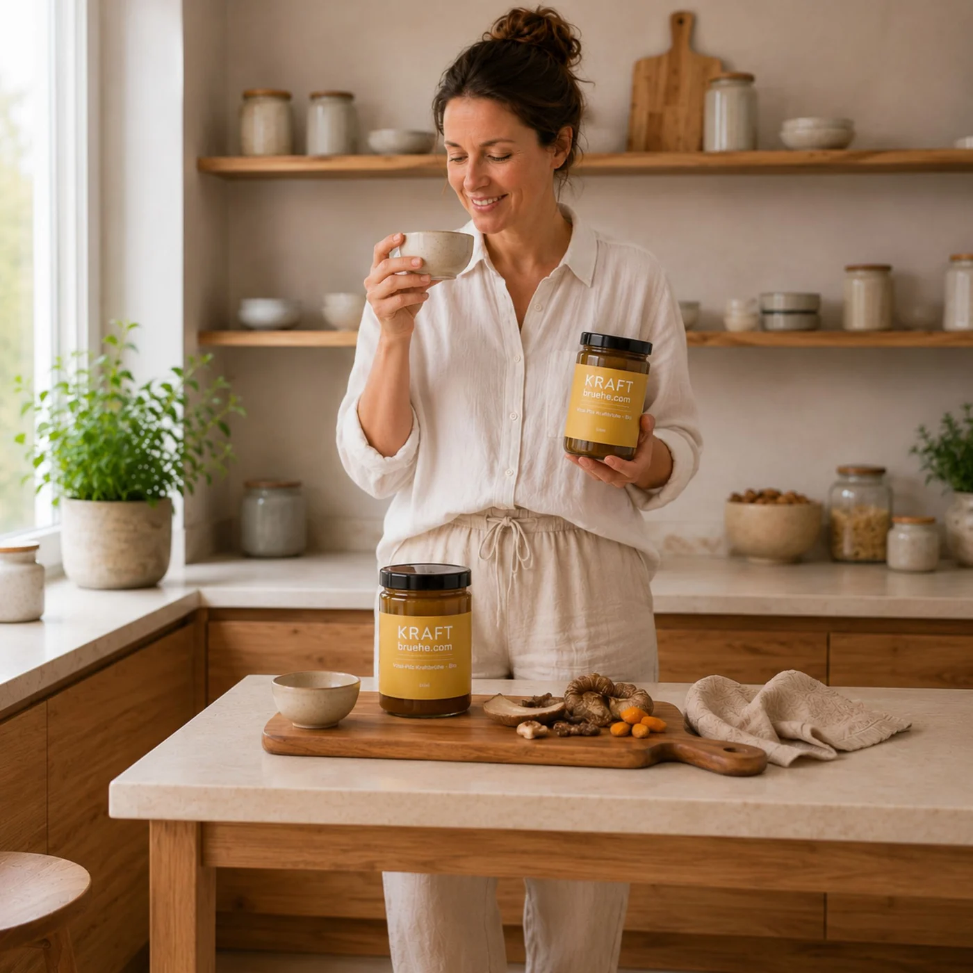 Vital Pilz Kraftbrühe – mit Shiitake, vegan, glutenfrei, 6 x 500 ml: Frau in heller Küche hält Glas und Tasse, Ingwe