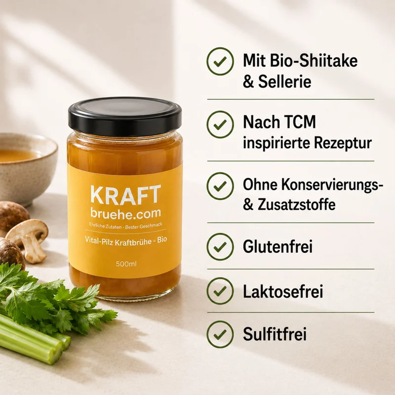 Vital Pilz Kraftbrühe – mit Shiitake, vegan, glutenfrei, 6 x 500 ml: Infografik-Bild mit Glas, Pilzen, Sellerie und