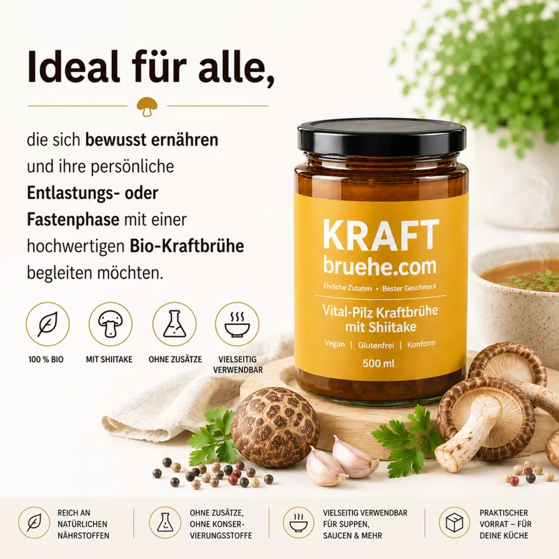 Vital Pilz Kraftbrühe – mit Shiitake, vegan, glutenfrei, 6 x 500 ml: Infografik mit Produktglas, Shiitake-Pilzen und