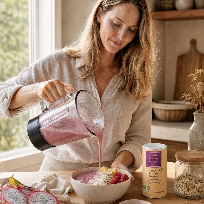Pitaya Pulver Bio 200g – Žena sipa ružičasti smoothie iz posude blendera u zdjelu, do nje doza proizvoda i zmajevo voće