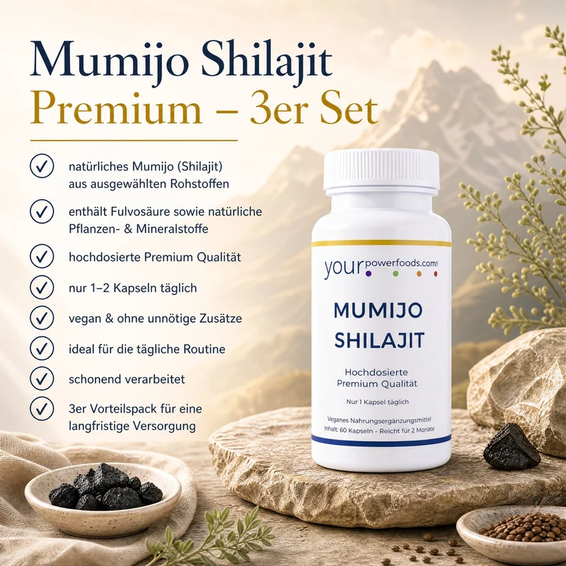 Mumijo Shilajit – 500 mg pro Kapsel, Vorteilsset 2+1 gratis: Infografik mit weißer Dose, Bergkulisse und 8 Produktvorteilen a