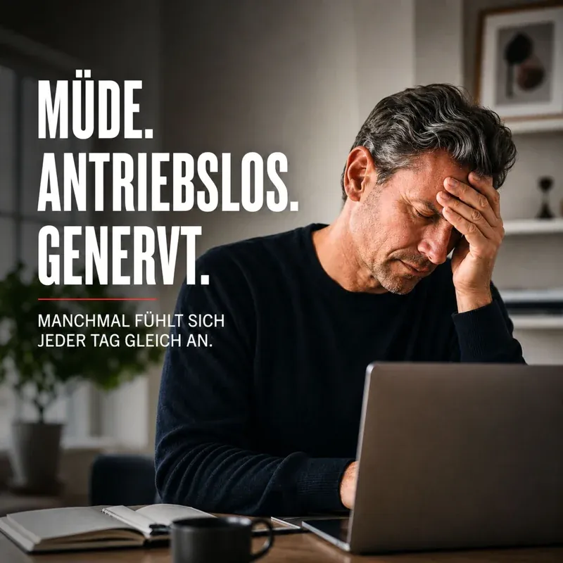 Manneskraft.com | Originalni proizvod | Libido Boost – Tvoj 21-dnevni paket za više libida i energije: lifestyle-scena s iscrpljenim