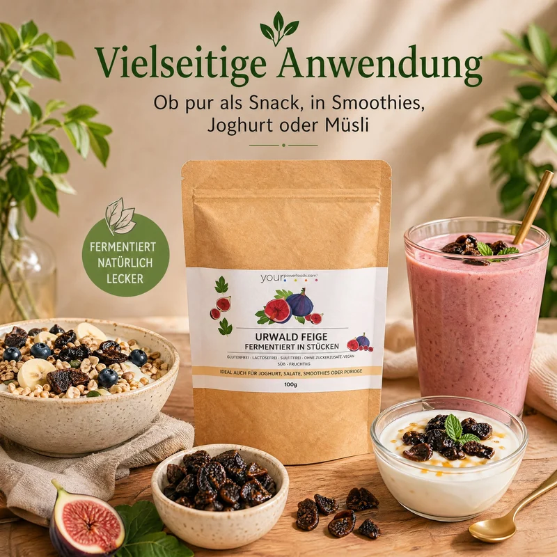 Urwaldfeige fermentirana 100 g premium kvalitete – lifestyle-slika s pakiranjem, muslijem, jogurtom, smoothiejem i tekstom „Svestrana"