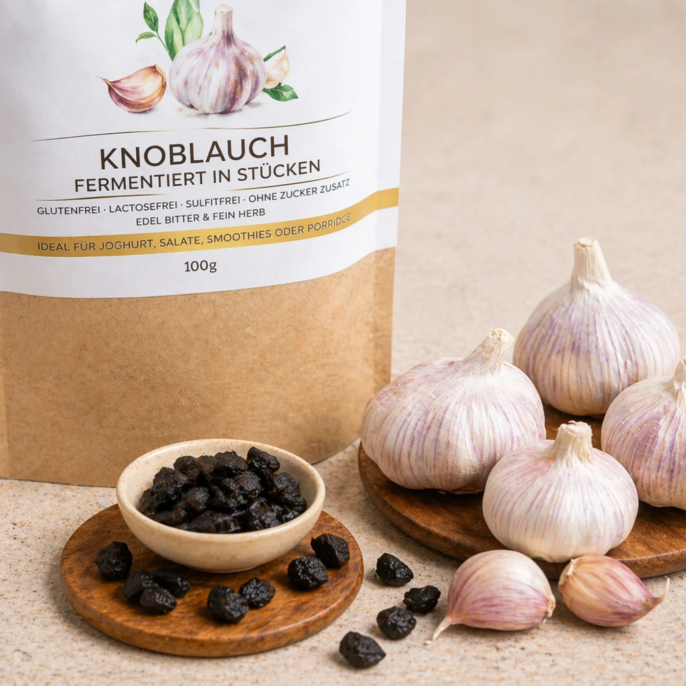 Crni česnjak, fermentirani 100g Premium kvaliteta – vrećica sa etiketom, mala posuda sa crnim komadima i svježe