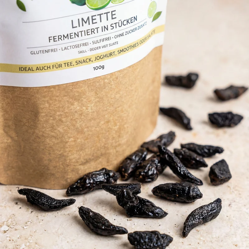 Fermentirani limeta 100g – Vrhunska kvaliteta – Kraft-papirnata vreća s naljepnicom i rasutim crnim fermentiranim komadićima limete