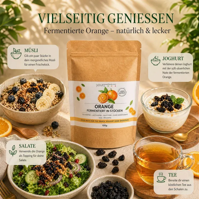 Fermentirana naranča 100 g premium kvalitete – Infografika prikazuje pakiranje s prijedlozima za upotrebu: musli, jogurt, salata i