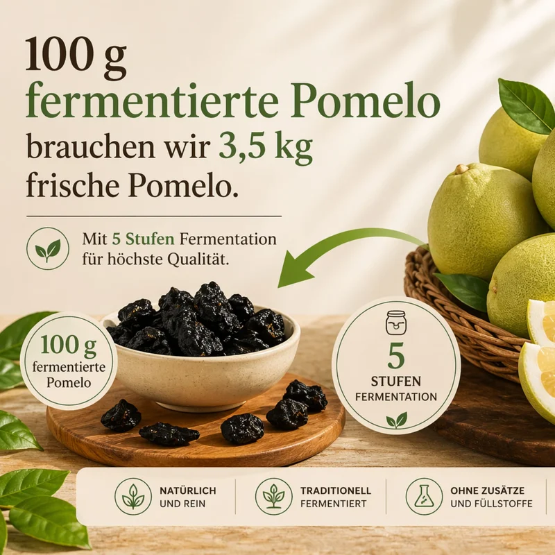 Pomelo fermentiran 100 g Premium kvaliteta – Infografika: 3,5 kg svježeg pomela daje 100 g, 5-stupanjska fermentacija, prirodno