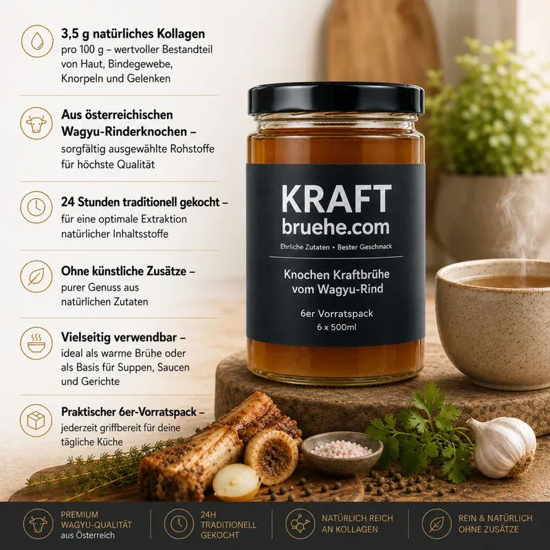 Koštana juha od Wagyu goveda 6 x 500ml – infografska slika sa staklenom posudom, kostima, češnjakom i 6 hrvatskih točaka o kvaliteti