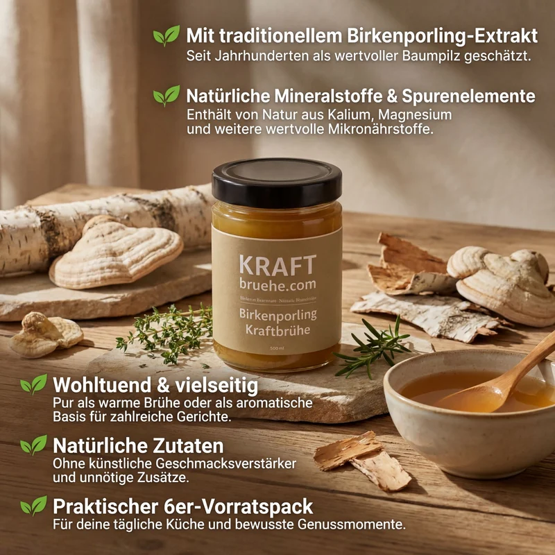 Birkenporling hranjiva juha 6x500ml – lifestyle-scena s čašom na drvenoj dasci, gljivama, biljem i pet hrvatskih tekstova s ključnim značajkama