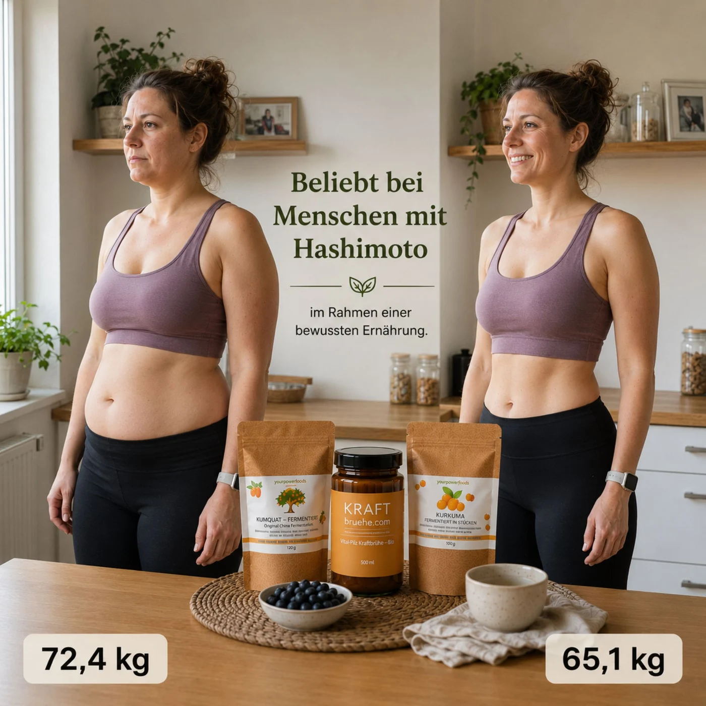 Hashimoto Detox - Paket, 60 dana jamstva povrata novca: Fotografija žene prije i poslije s promjenom načina života i podacima o težini 72,4