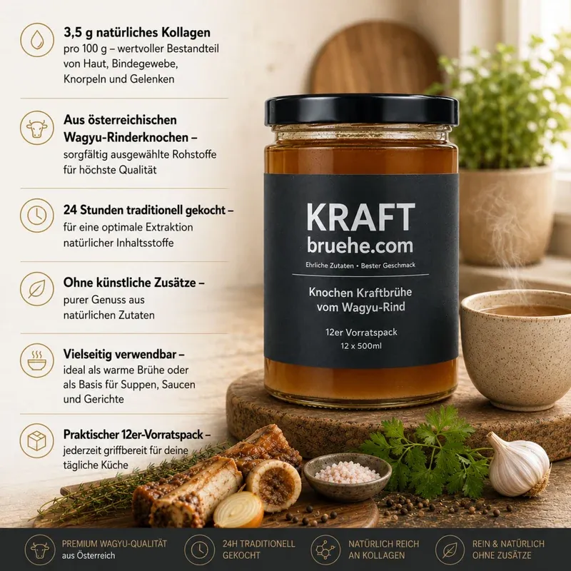 Kostna juha od Wagyu goveda 12 x 500 ml – infografski prikaz proizvoda sa staklenom teglicom, kostima, češnjakom i 6 ključnih točaka na hrvatskom