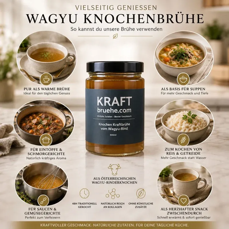 Juha od kostiju Wagyu goveda 12 x 500 ml – Infografika prikazuje mogućnosti korištenja: kao temeljac, juha, gulaš, umak, riža ili