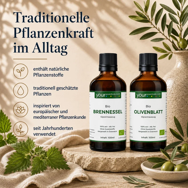 Abwehrkraft Bundle – Olivenblatt & Brennnessel: zwei braune Tropfenflaschen auf Steinpodest, Infografik mit Text „Tr