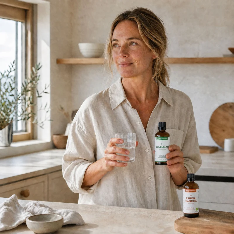 Balance Blutdruck-Bundle – Lifestyle-Szene: Frau in heller Küche hält Olivenblatt- und Ashwagandha-Tropfenflaschen sowie ein