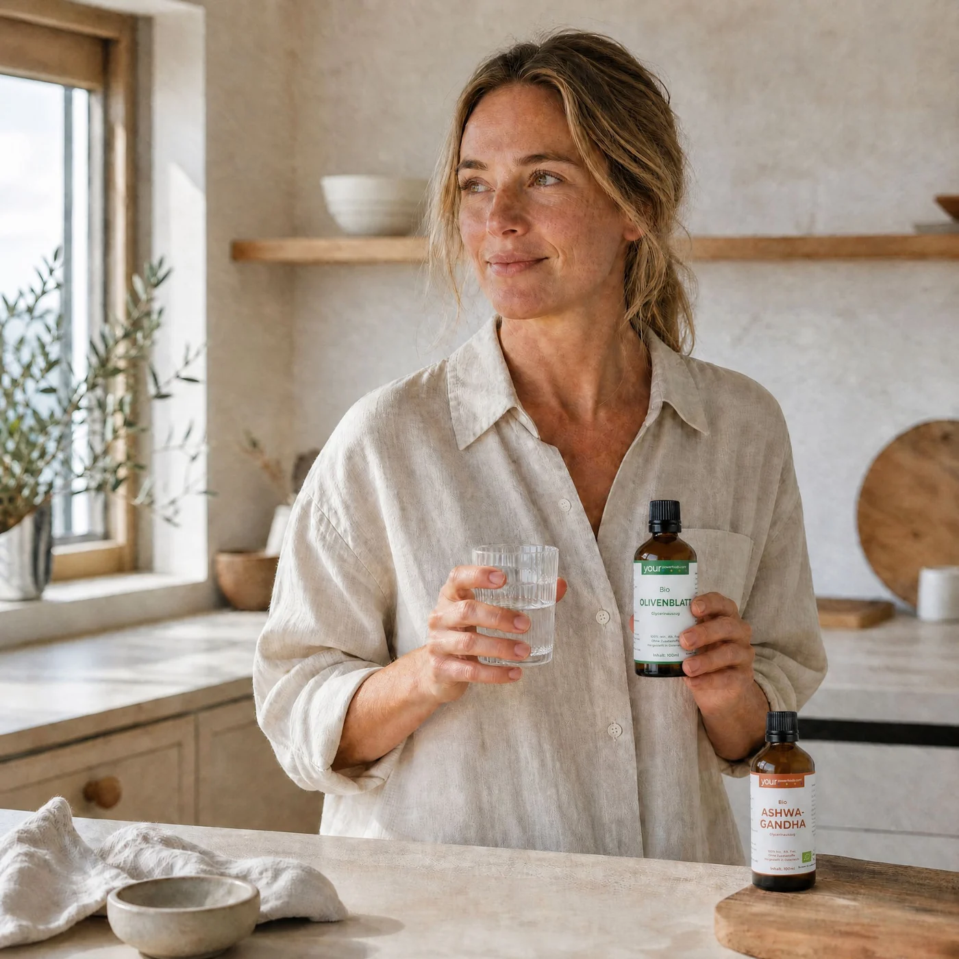 Balance Blutdruck-Bundle – Lifestyle-Szene: Frau in heller Küche hält Olivenblatt- und Ashwagandha-Tropfenflaschen sowie ein