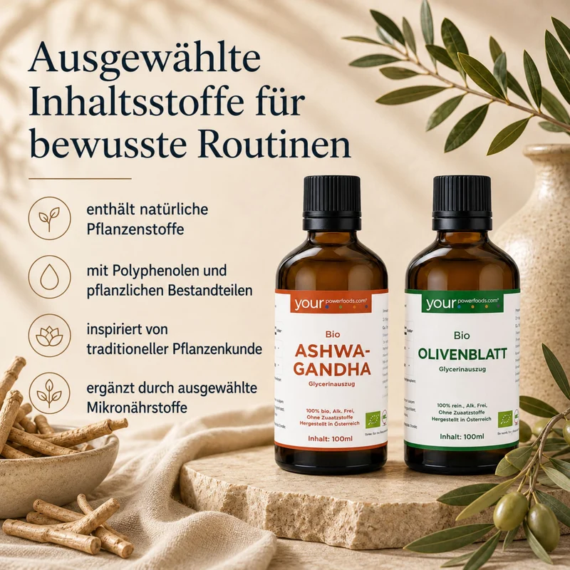 Balance Blutdruck-Bundle: zwei Braunglas-Tropfflaschen Bio Ashwagandha und Bio Olivenblatt Glycerinauszug auf Steinpodest mit