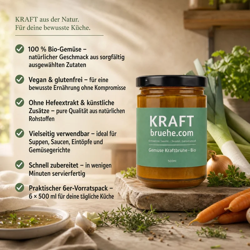 Povrće Jaki Temeljac – Premium Bio, 6×500 ml – Infografika s oznakama o bio, veganskom, bezglutenskom i upotrebi, staklenka na