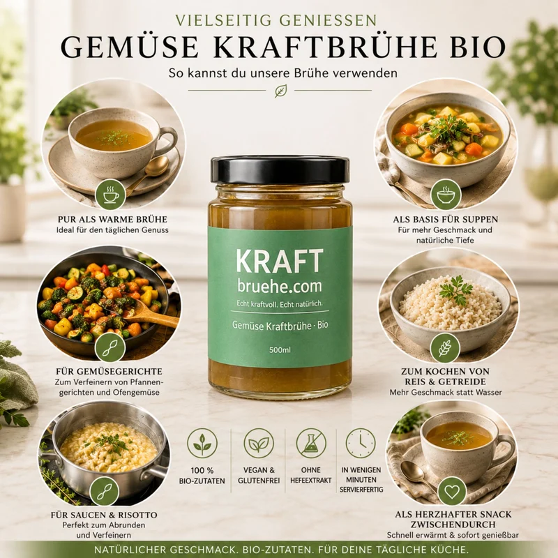 Povrtna juha snage – Premium bio, 6×500 ml – Infografika prikazuje 6 načina upotrebe oko staklenke sa zelenom naljepnicom