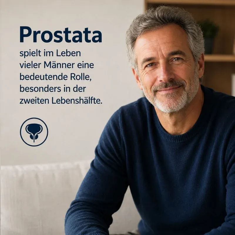 Prostakraft – Lifestyle-slika: nasmiješeni stariji muškarac u plavom džemperu, tekst „Prostata ima važnu ulogu u životu mnogih muškaraca