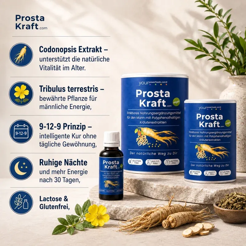 Prostakraft – konačno mirne noći s prirodnom moći biljaka – infografika sa sastojcima kao što su Codonopsis i Tribulus terrestris