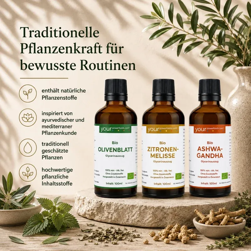 Biljni odmor set – Ashwagandha · Limunska melisa · List masline: tri bočice od tamnog stakla na prirodnom kamenu s ljekovitim biljem