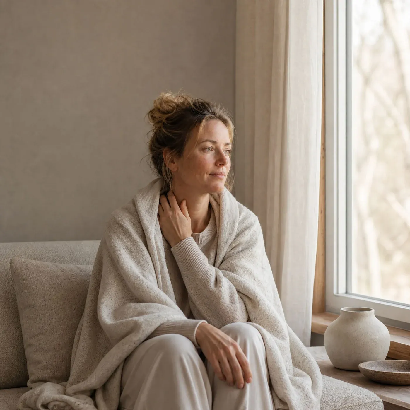 Saisonales Pflanzenbundle für Winter & Frühling – Frau in Decke eingehüllt sitzt auf Sofa und blickt nachdenklich aus dem Fen