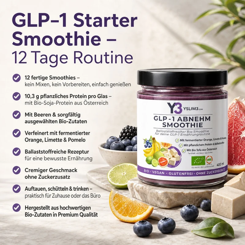 GLP-1 Starter - 12 dana Infografika s 8 točaka o sadržaju i svojstvima, pored nje staklena posuda s bobičastim voćem i citrusnim plodovima